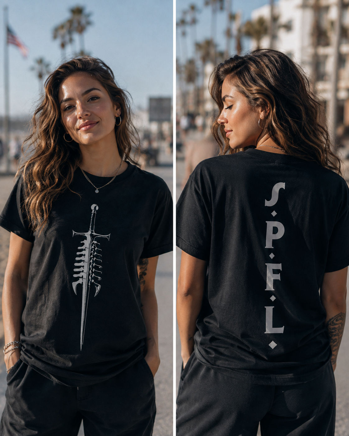 SPINES UP T w/SPINEFUL sword (front) and the S🔹P🔹F🔹L🔹 code down your spine.