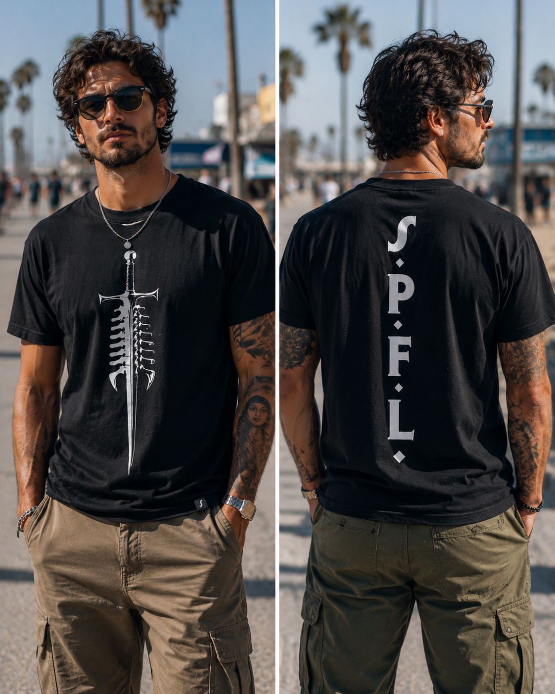 SPINES UP T w/SPINEFUL sword (front) and the S🔹P🔹F🔹L🔹 code down your spine.