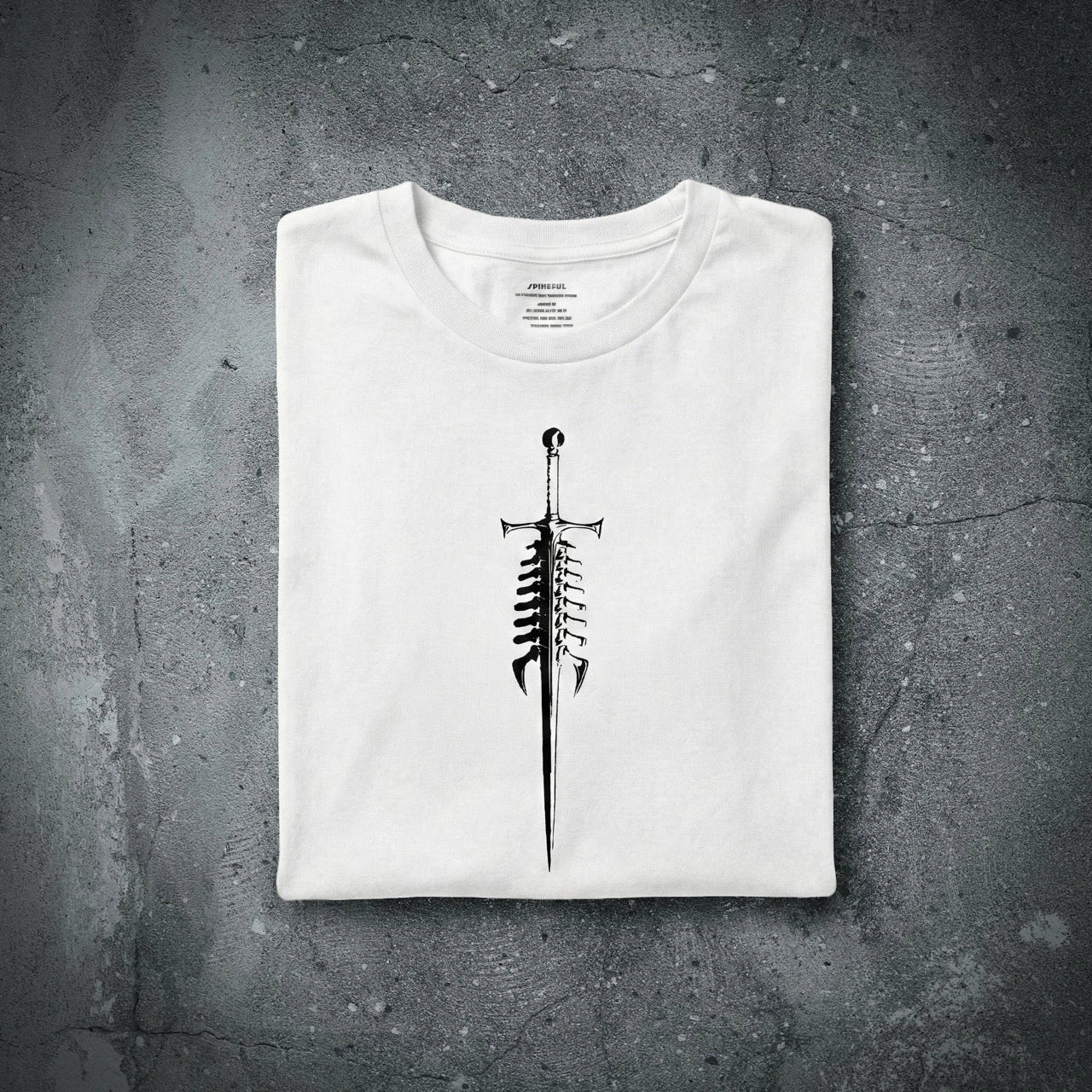 SPINES UP T w/SPINEFUL sword (front) and the S🔹P🔹F🔹L🔹 code down your spine.